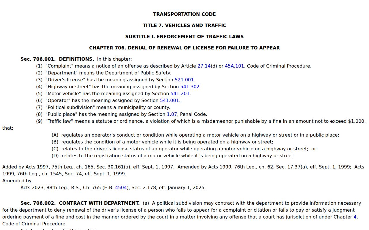 Collingsworth County traffic warrant records: Texas Transportation Code Chapter 706 reporting source