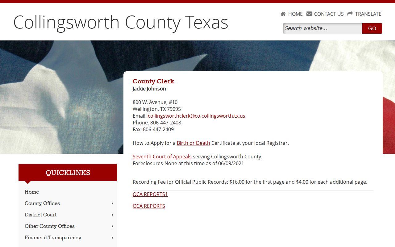 Collingsworth County warrant records: County Clerk contact source