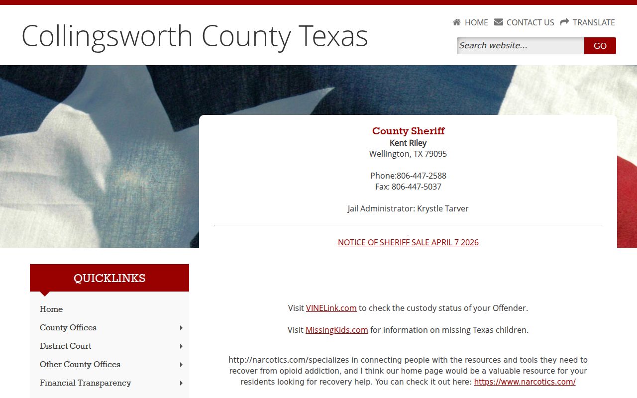 Collingsworth County warrant records: Sheriff’s Office contact and VINELink reference